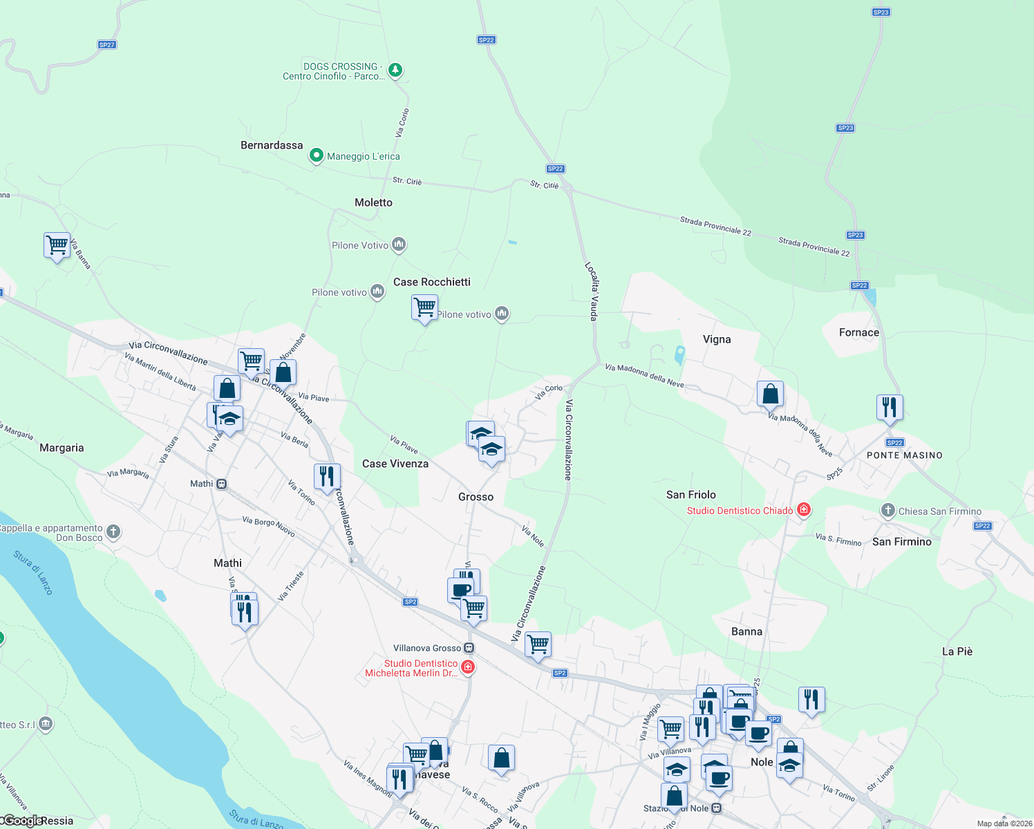 map of restaurants, bars, coffee shops, grocery stores, and more near 19 Via Corio in Grosso
