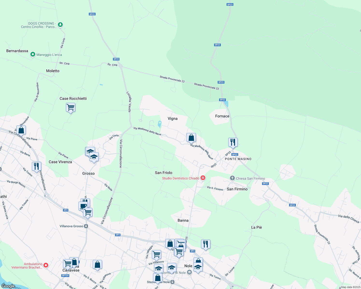 map of restaurants, bars, coffee shops, grocery stores, and more near 55 Via Madonna della Neve in Vauda