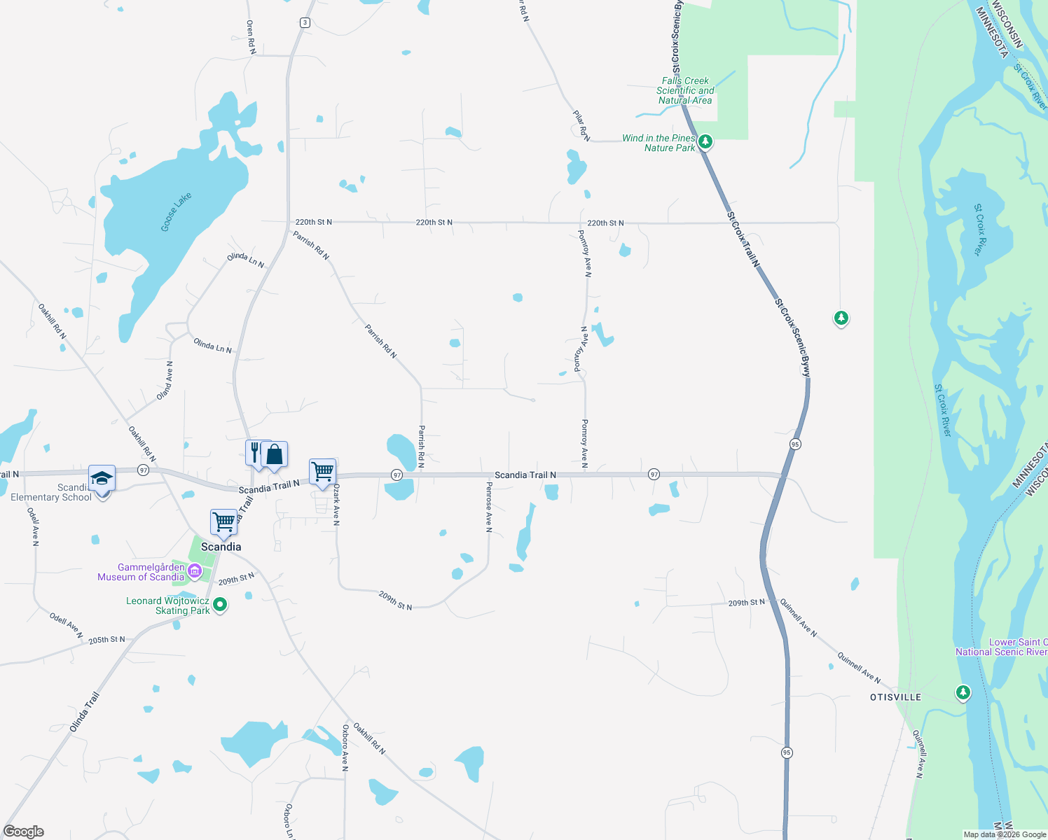 map of restaurants, bars, coffee shops, grocery stores, and more near 15570 Scandia Trail North in Scandia