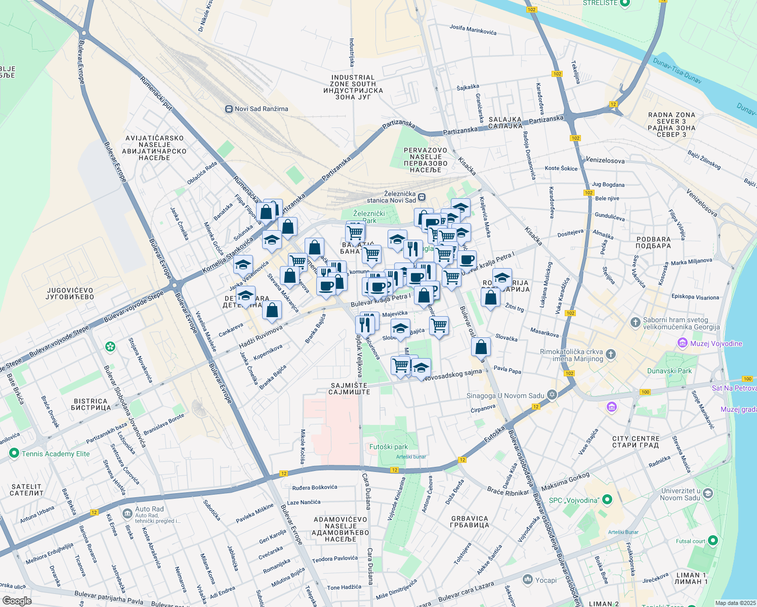 map of restaurants, bars, coffee shops, grocery stores, and more near 73 Bulevar kralja Petra I in Novi Sad