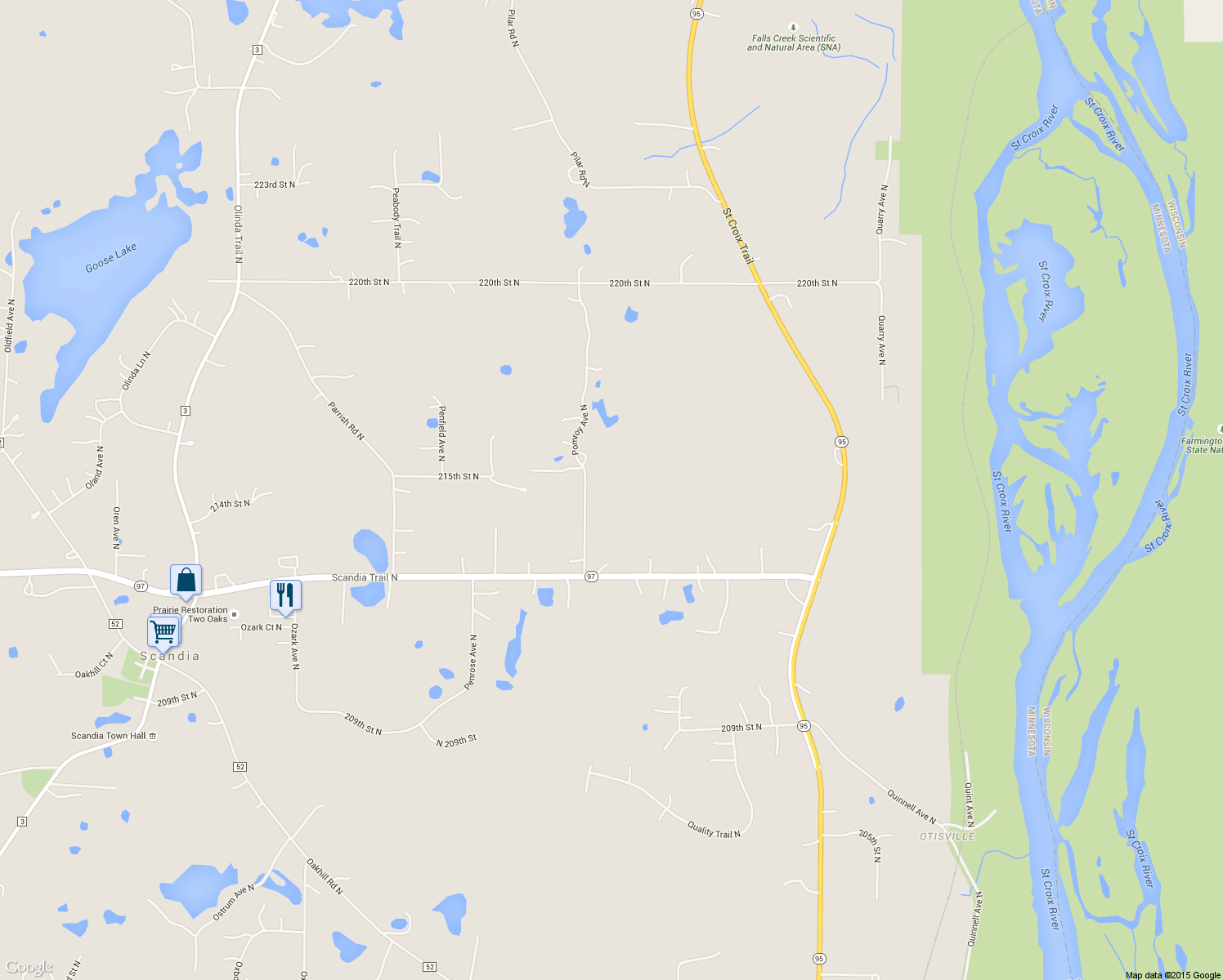 map of restaurants, bars, coffee shops, grocery stores, and more near 21455 Pomroy Avenue North in Scandia