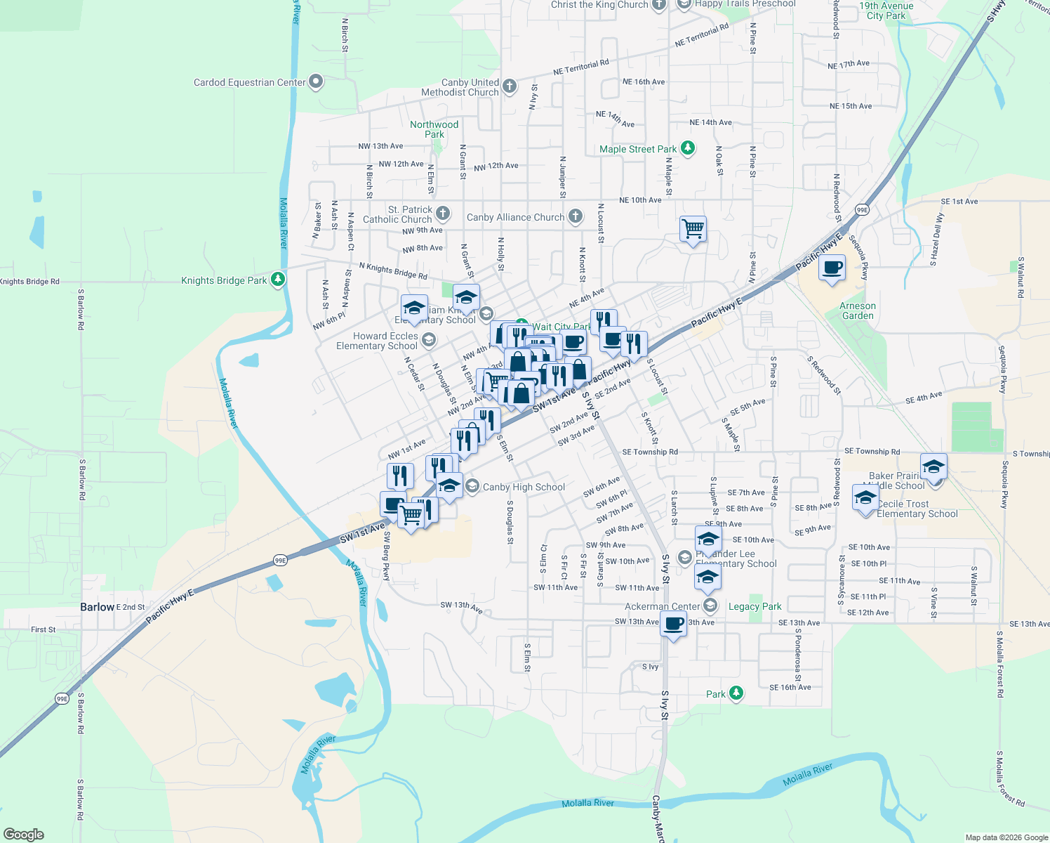 map of restaurants, bars, coffee shops, grocery stores, and more near 383 SW 1st Ave in Canby