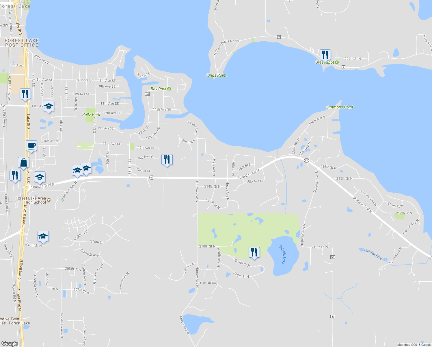 map of restaurants, bars, coffee shops, grocery stores, and more near 21533 Healy Avenue North in Forest Lake