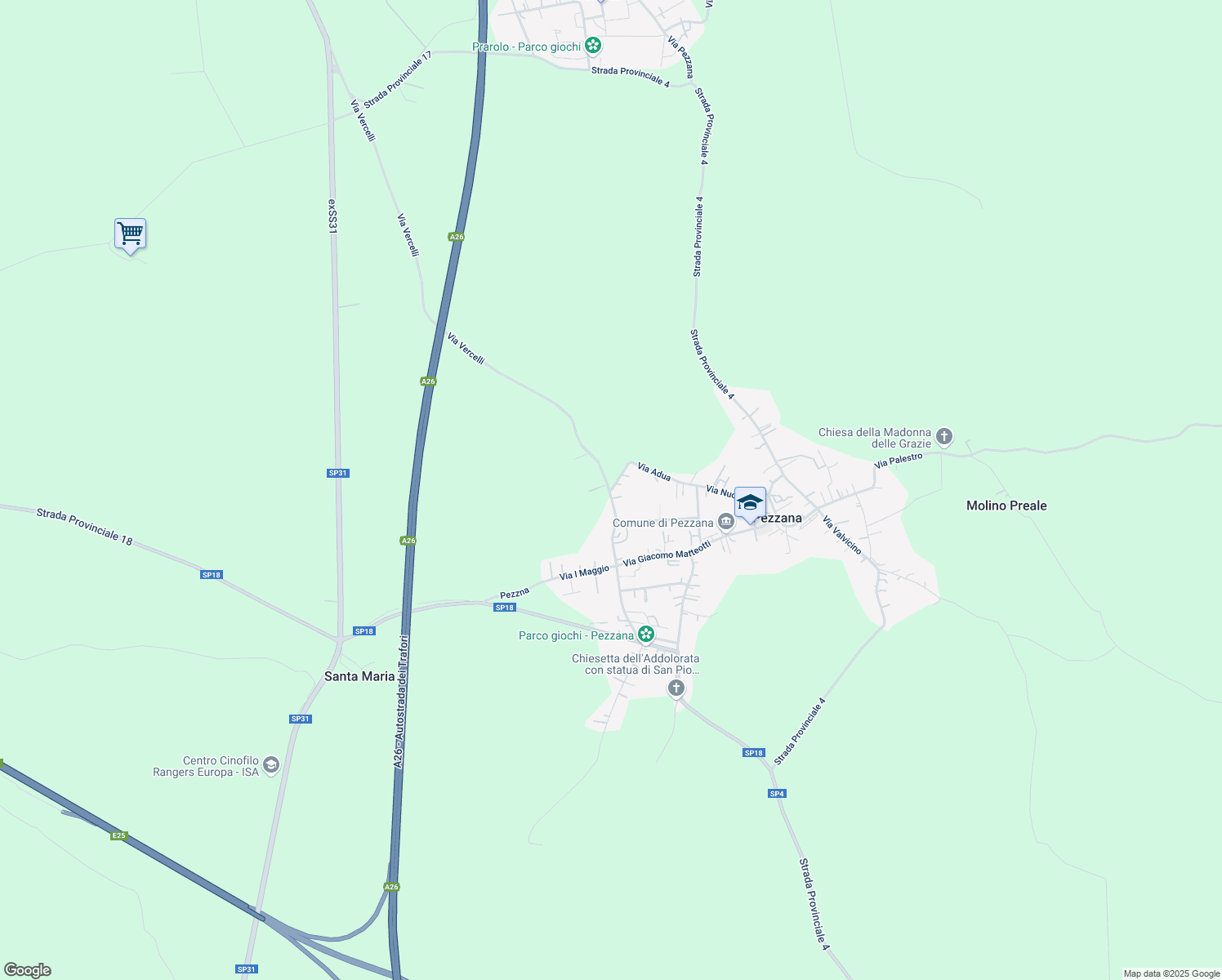 map of restaurants, bars, coffee shops, grocery stores, and more near 31 Via Vercelli in Provincia di Vercelli