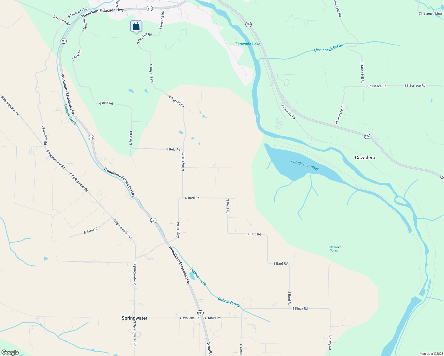 map of restaurants, bars, coffee shops, grocery stores, and more near 23666 S Day Ln in Estacada