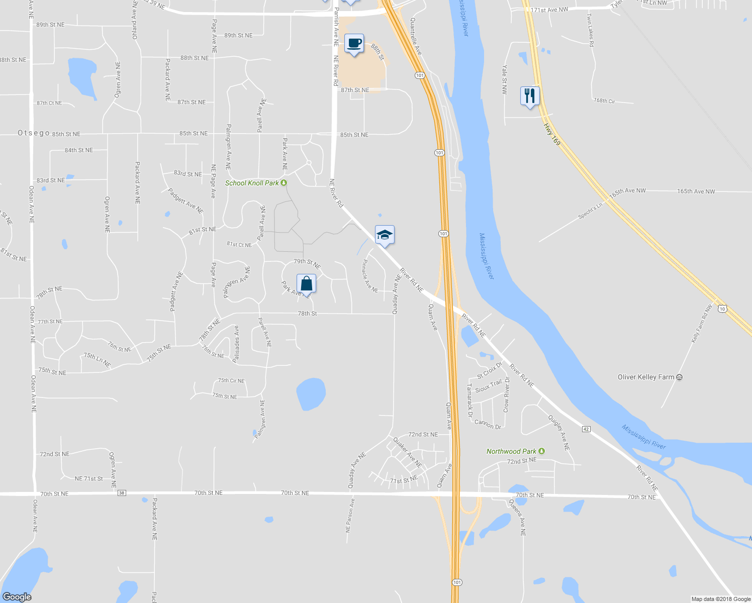 map of restaurants, bars, coffee shops, grocery stores, and more near 7879 Prairie Creek Court Northeast in Otsego
