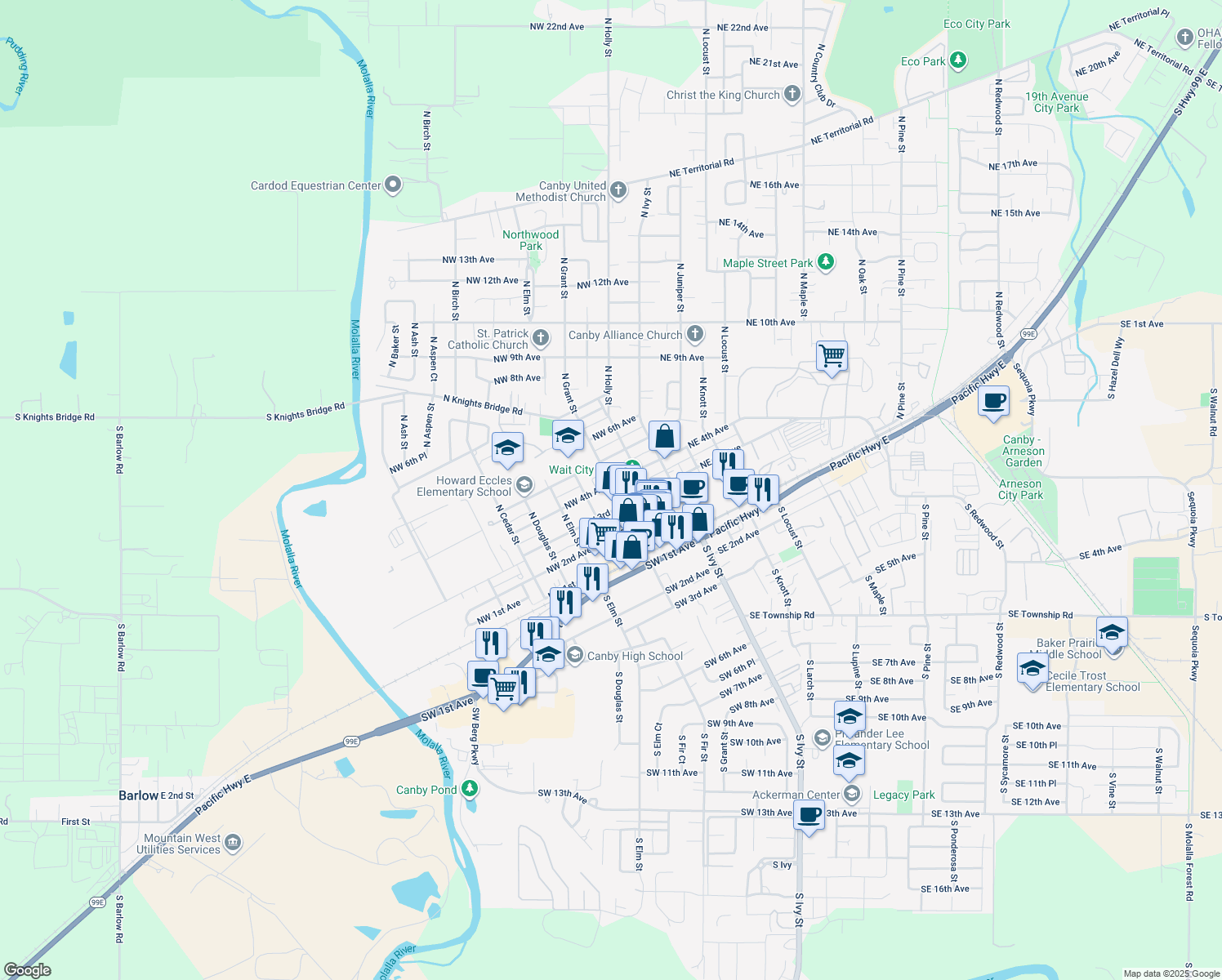 map of restaurants, bars, coffee shops, grocery stores, and more near 385 North Grant Street in Canby