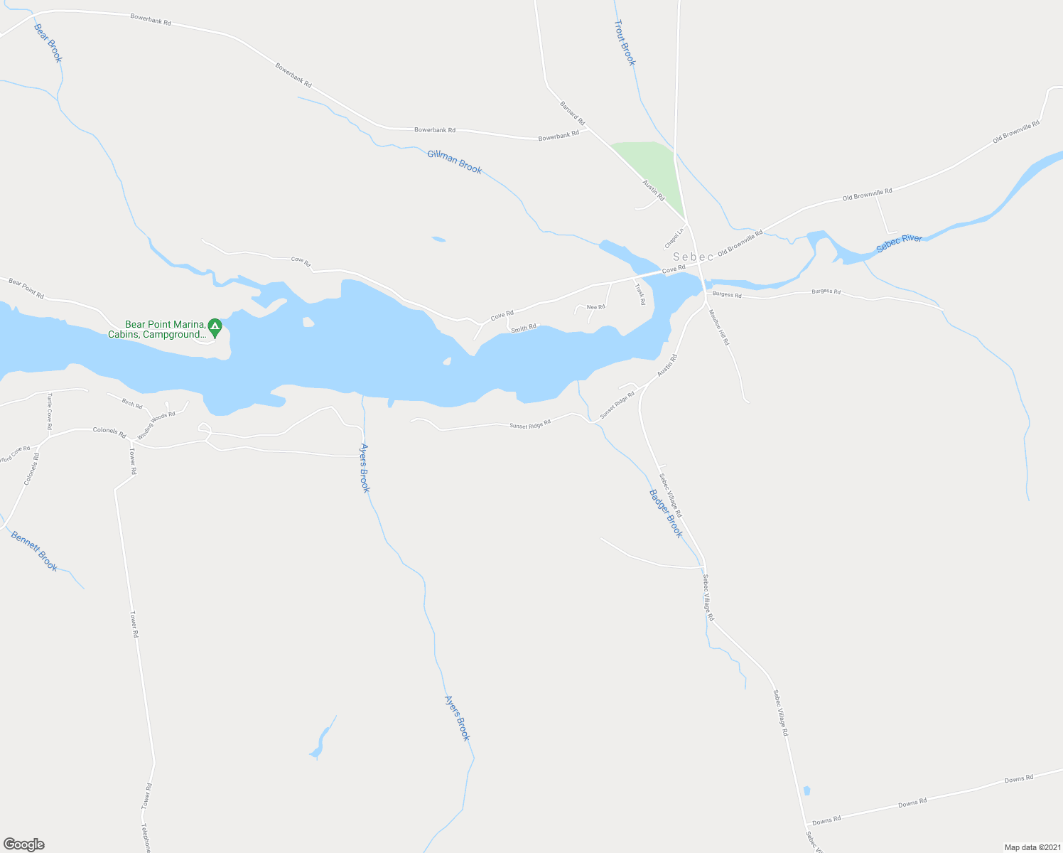 map of restaurants, bars, coffee shops, grocery stores, and more near Sunset Ridge Road in Sebec