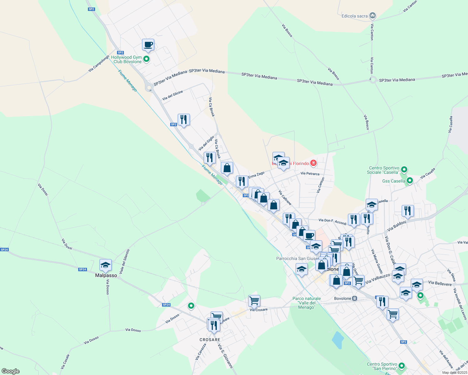map of restaurants, bars, coffee shops, grocery stores, and more near 321 Via Madonna in Bovolone