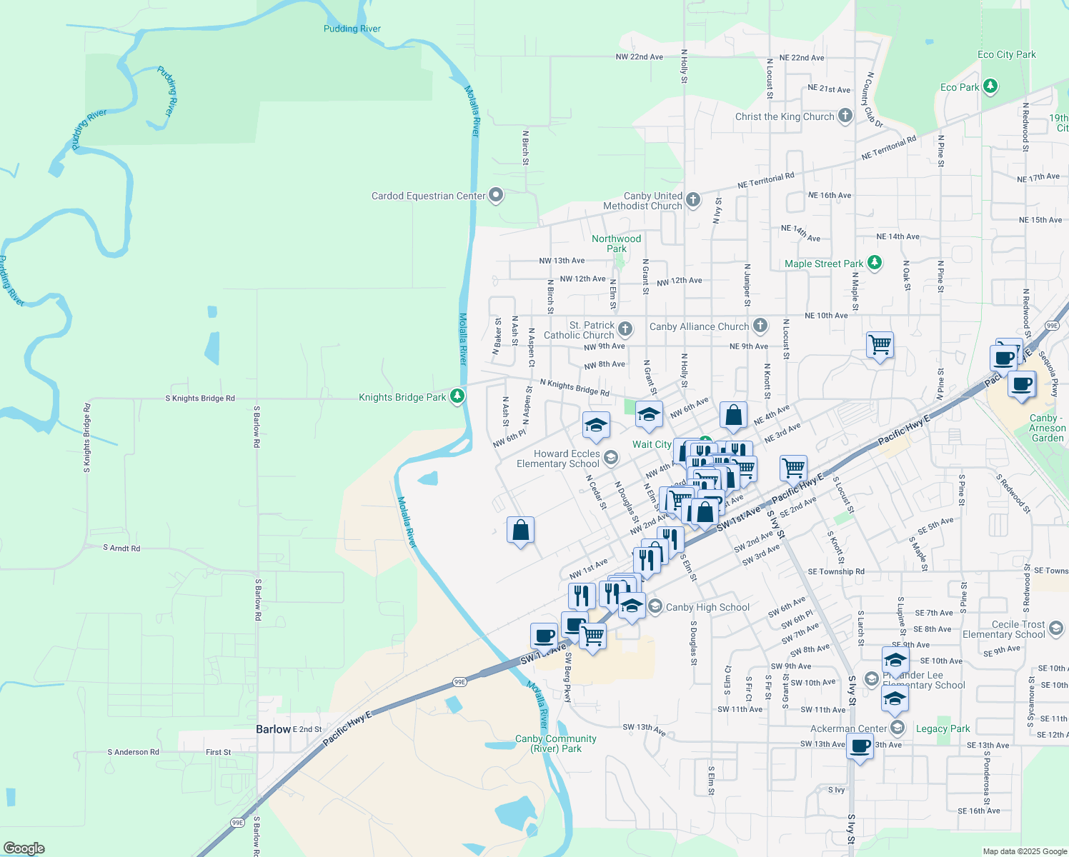 map of restaurants, bars, coffee shops, grocery stores, and more near 660 North Aspen Street in Canby