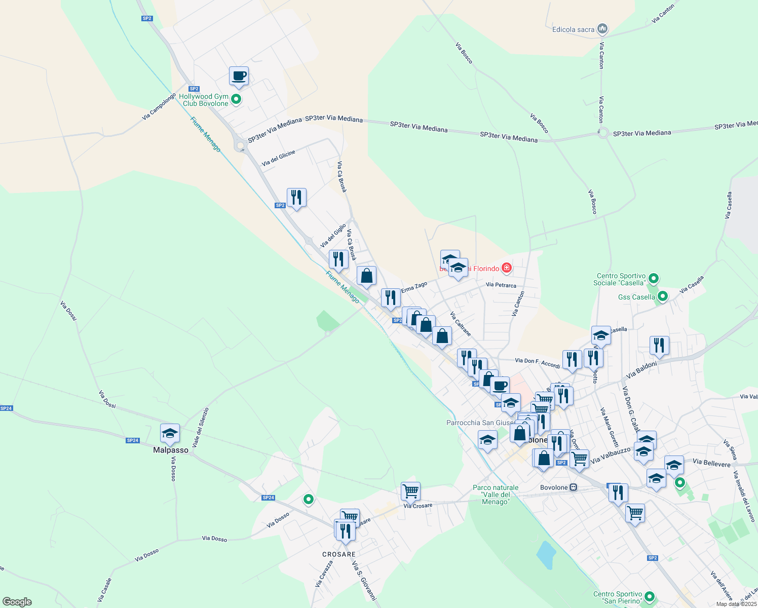 map of restaurants, bars, coffee shops, grocery stores, and more near 321 Via Madonna in Bovolone