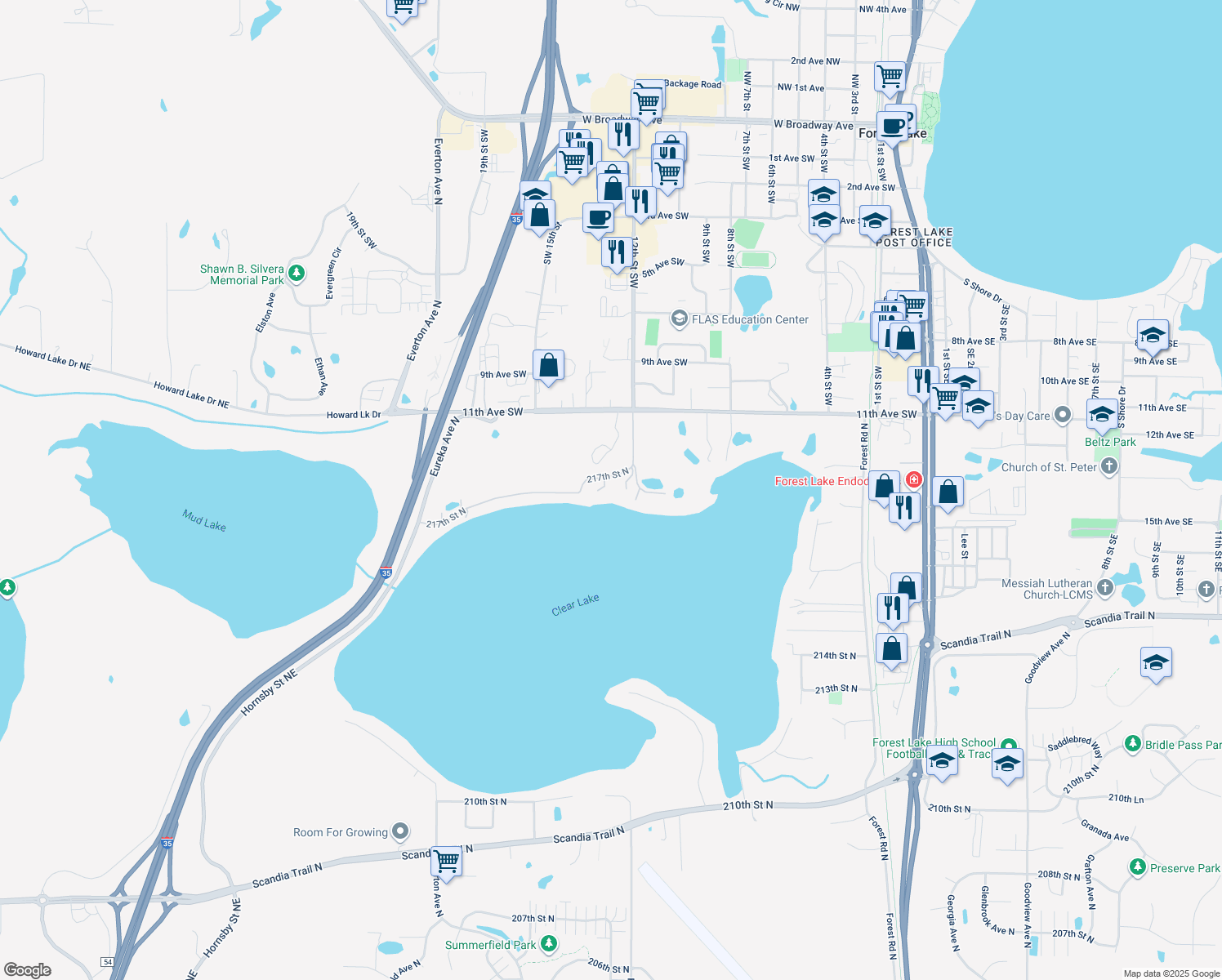 map of restaurants, bars, coffee shops, grocery stores, and more near 5225 217th Street North in Forest Lake