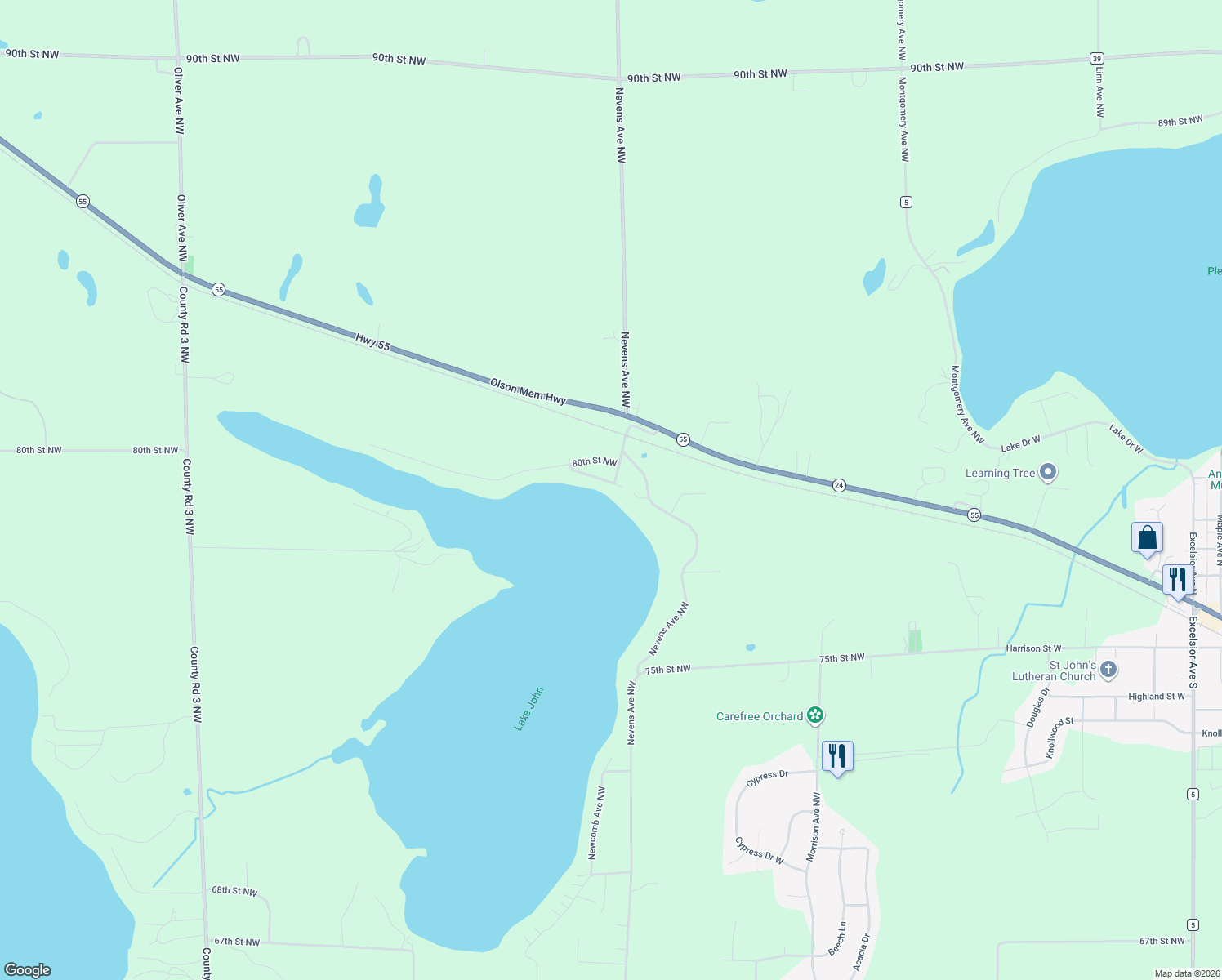 map of restaurants, bars, coffee shops, grocery stores, and more near 13029 79th Street Northwest in Annandale