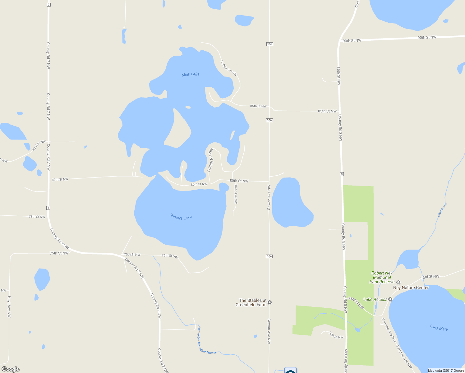 map of restaurants, bars, coffee shops, grocery stores, and more near 7955 Greer Avenue Northwest in Maple Lake