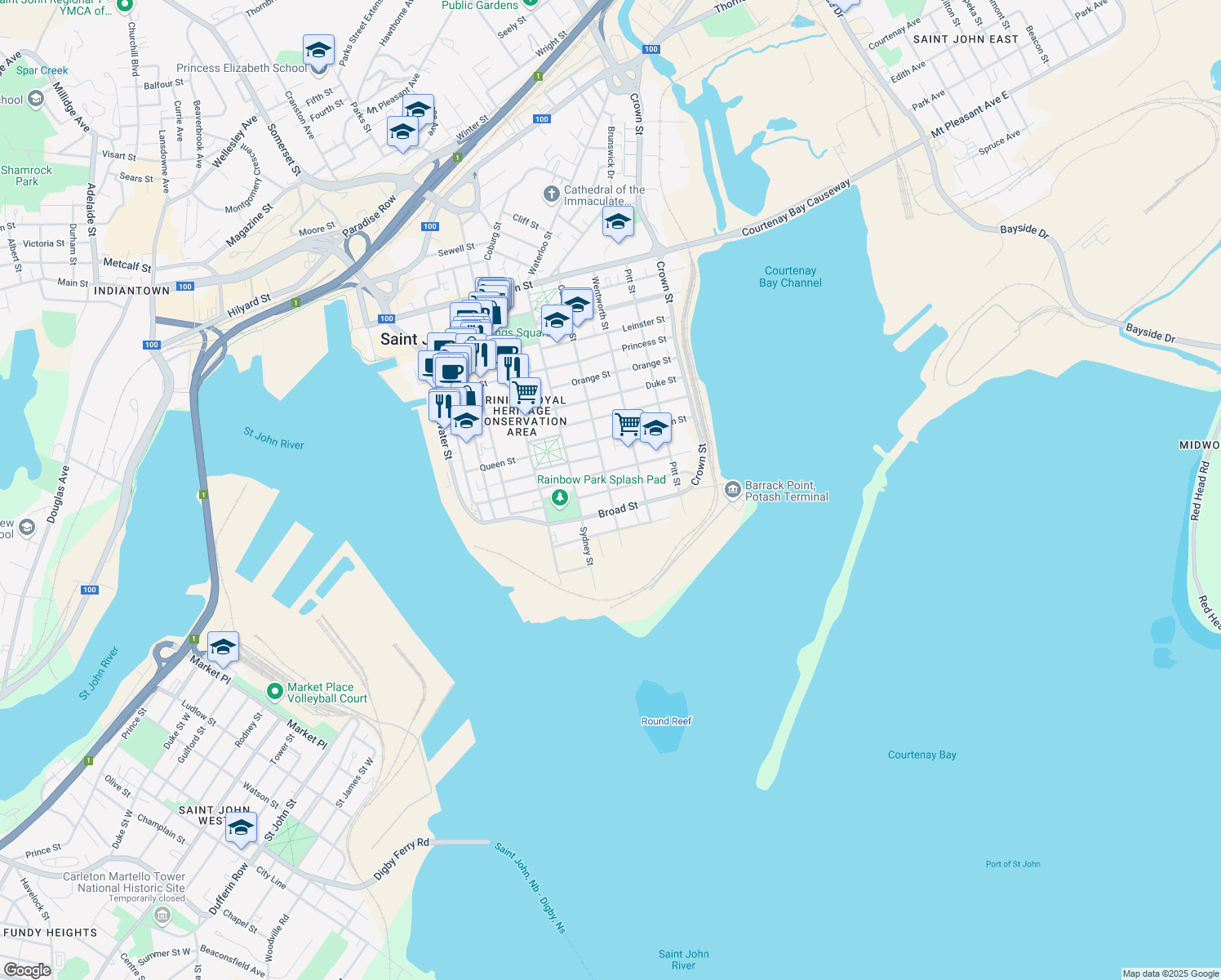 map of restaurants, bars, coffee shops, grocery stores, and more near 175 Britain Street in Saint John