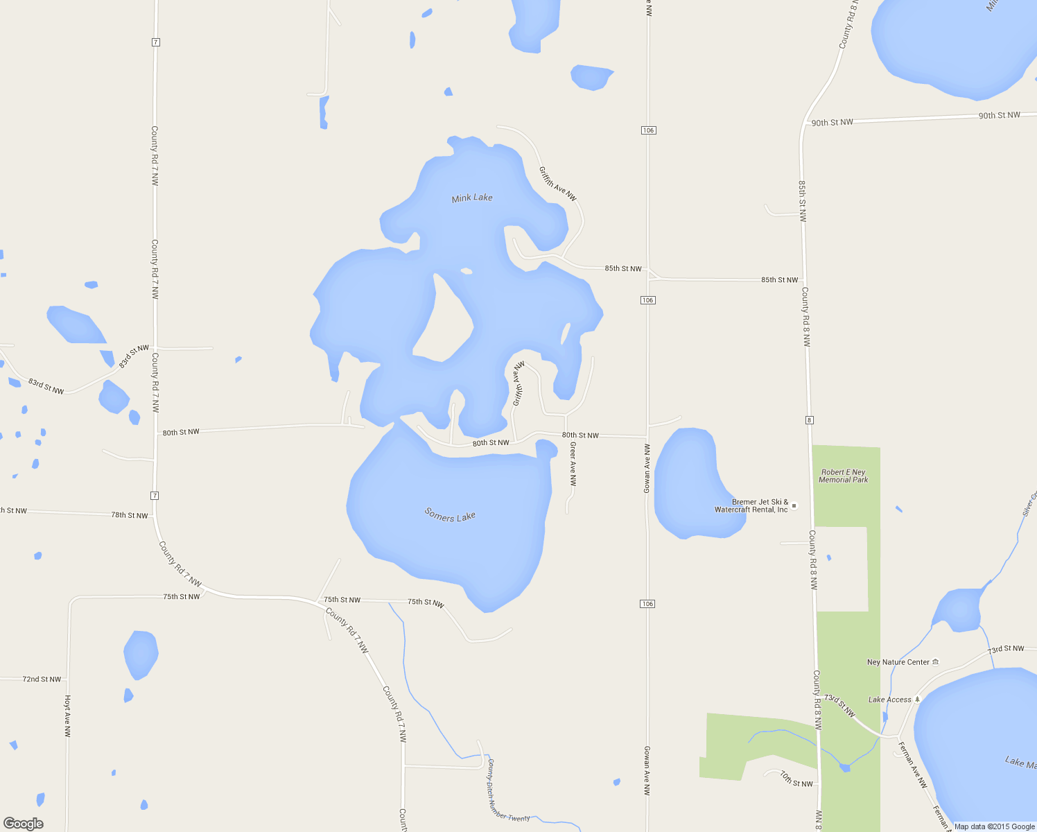 map of restaurants, bars, coffee shops, grocery stores, and more near 8050 Griffith Avenue Northwest in Maple Lake