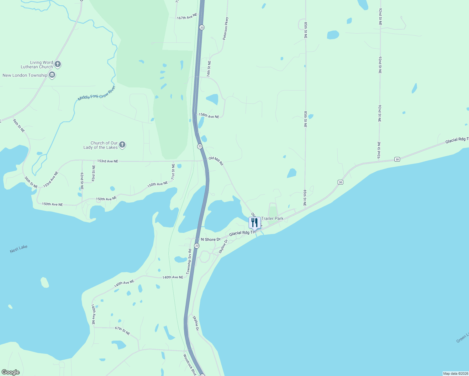 map of restaurants, bars, coffee shops, grocery stores, and more near 15125 Old Mill Road in Spicer