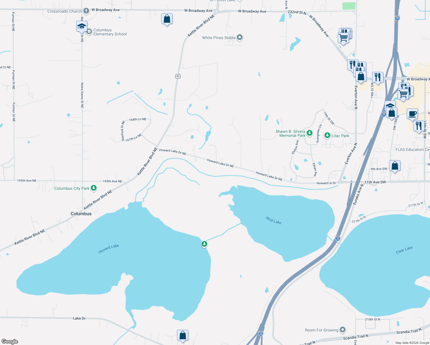 map of restaurants, bars, coffee shops, grocery stores, and more near 9354 Howard Lake Drive Northeast in Forest Lake