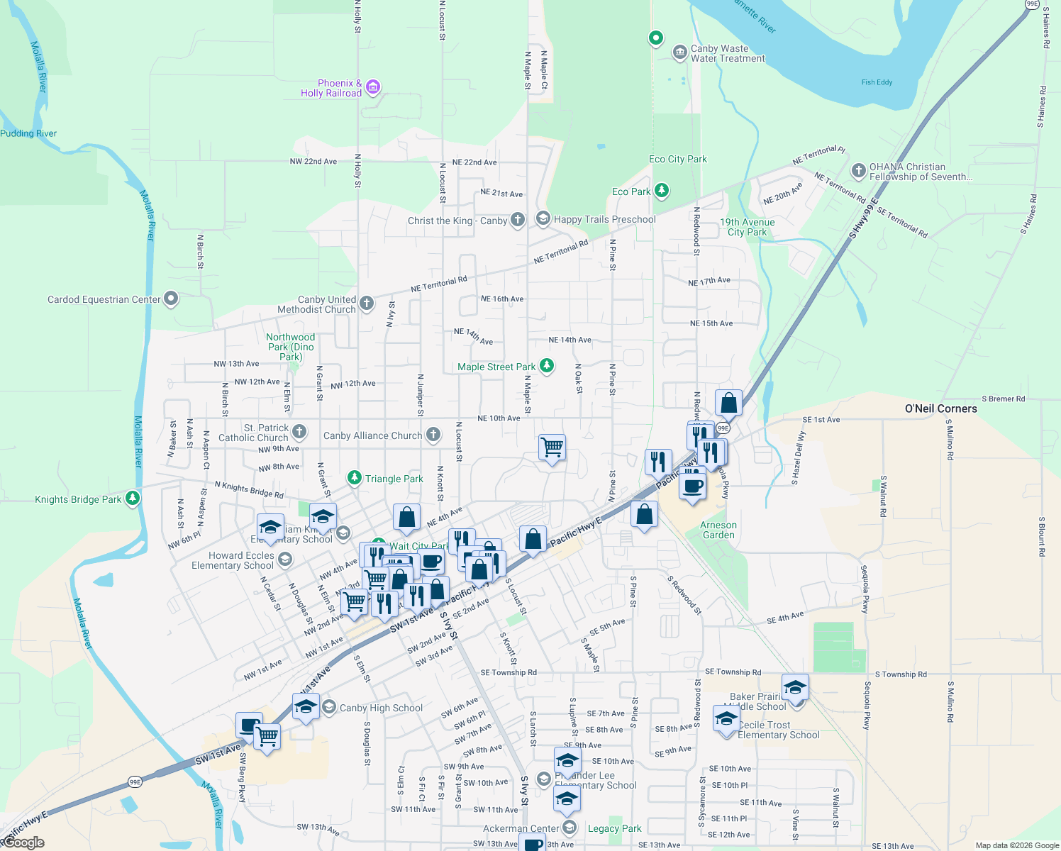 map of restaurants, bars, coffee shops, grocery stores, and more near 713 Northeast 10th Avenue in Canby