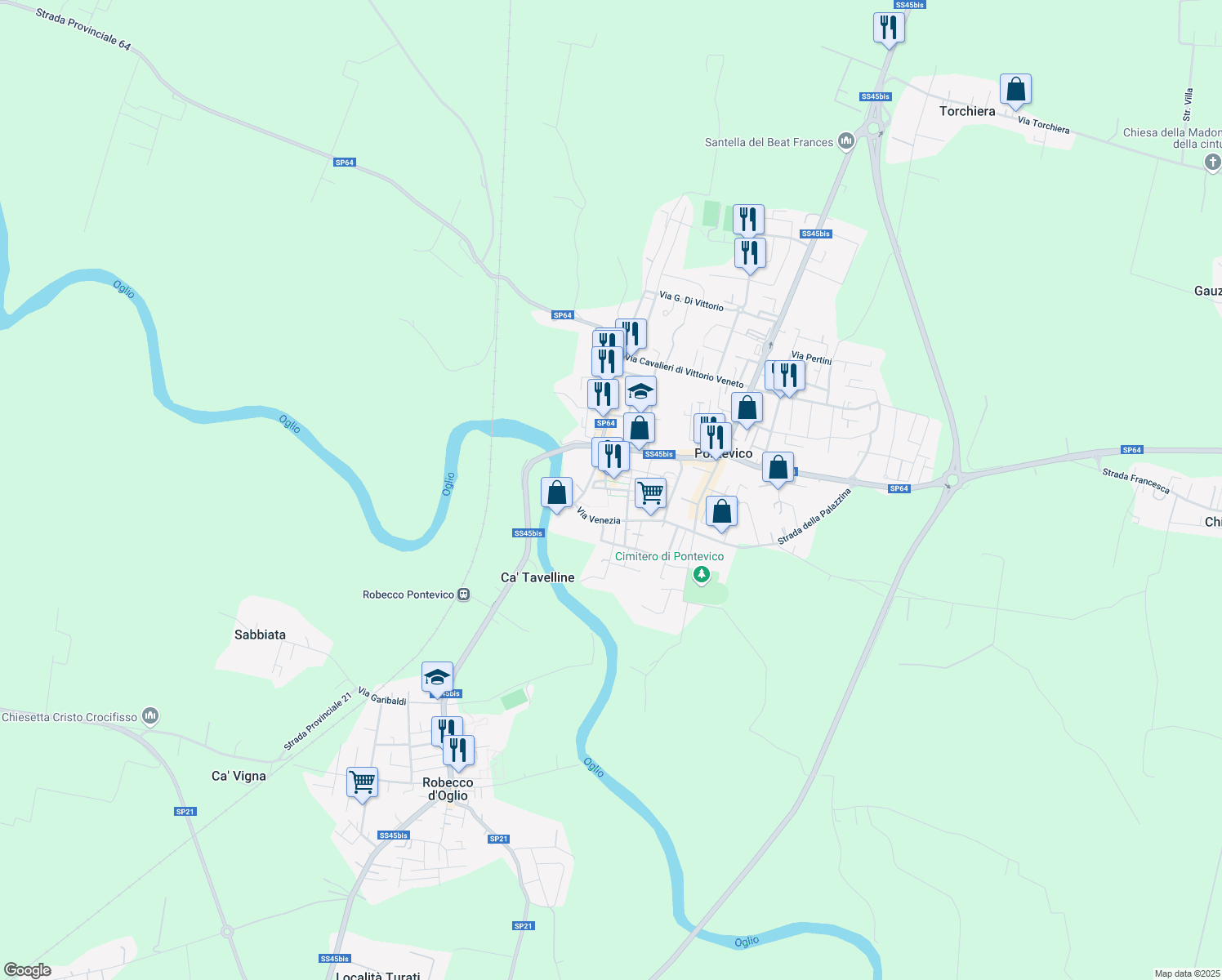 map of restaurants, bars, coffee shops, grocery stores, and more near 17 Via Abate Eloni in Pontevico