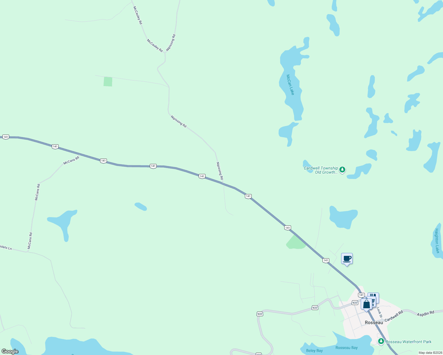 map of restaurants, bars, coffee shops, grocery stores, and more near 1 Nipissing Road in Parry Sound