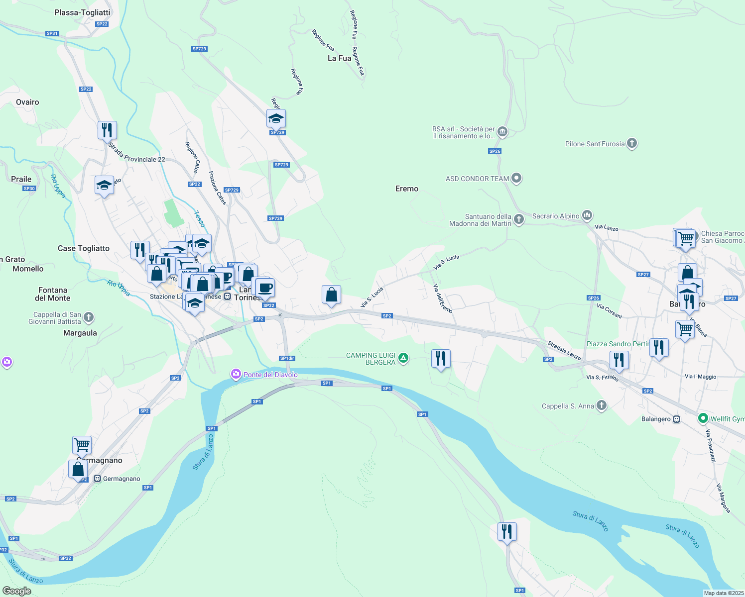 map of restaurants, bars, coffee shops, grocery stores, and more near 13-17 Via Santa Lucia in Lanzo Torinese