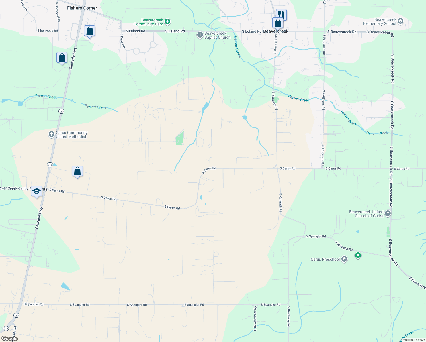 map of restaurants, bars, coffee shops, grocery stores, and more near 15690 South Carus Road in Oregon City