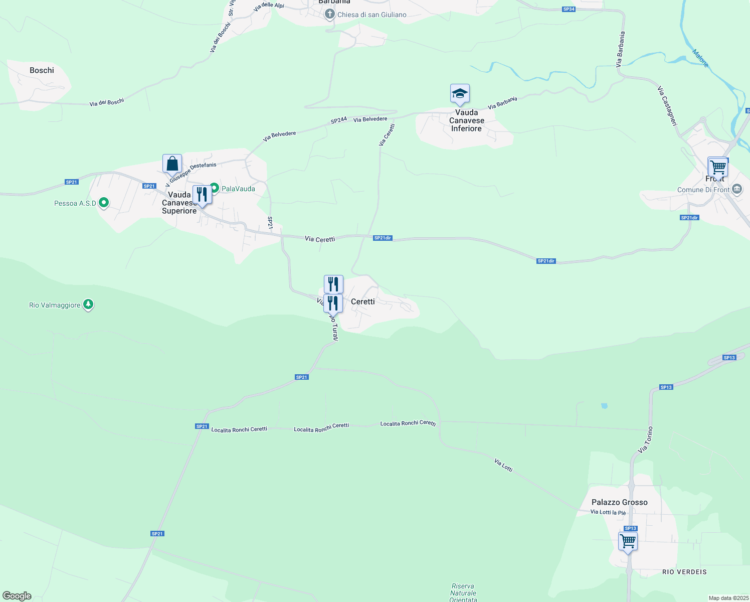 map of restaurants, bars, coffee shops, grocery stores, and more near Via Chiesa S.Domenico in Ceretti