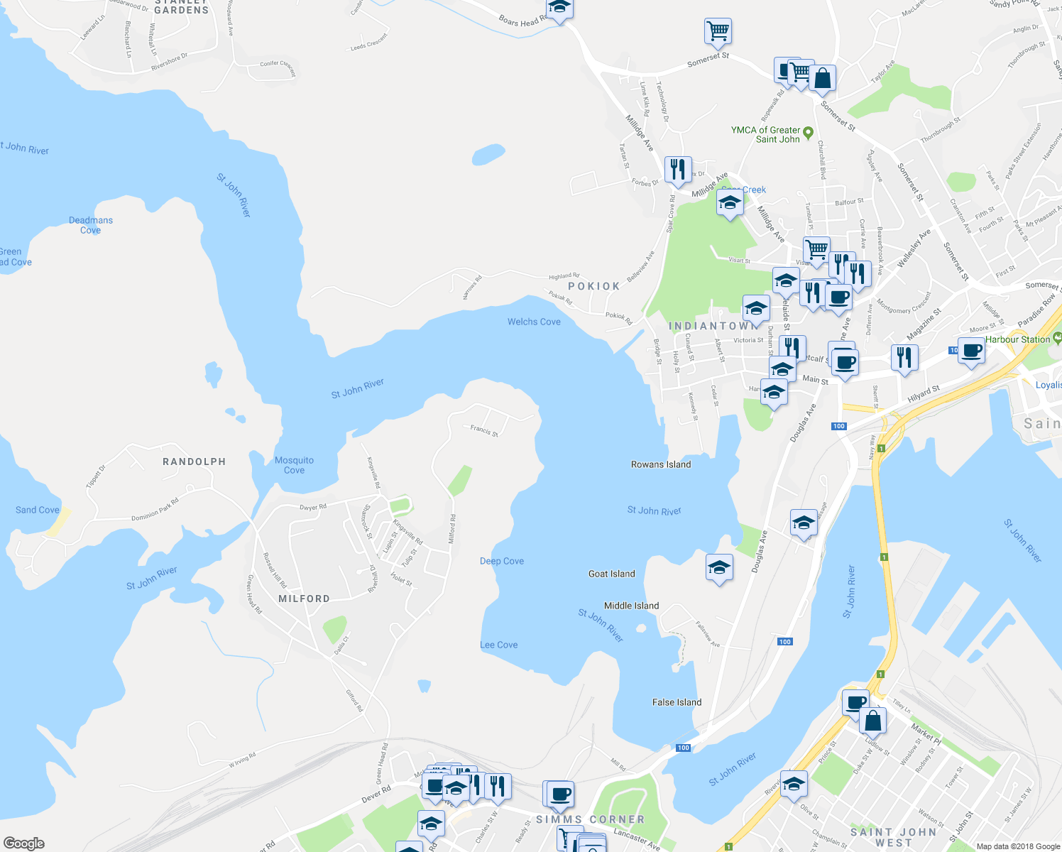 map of restaurants, bars, coffee shops, grocery stores, and more near 1 Milford Road in Saint John