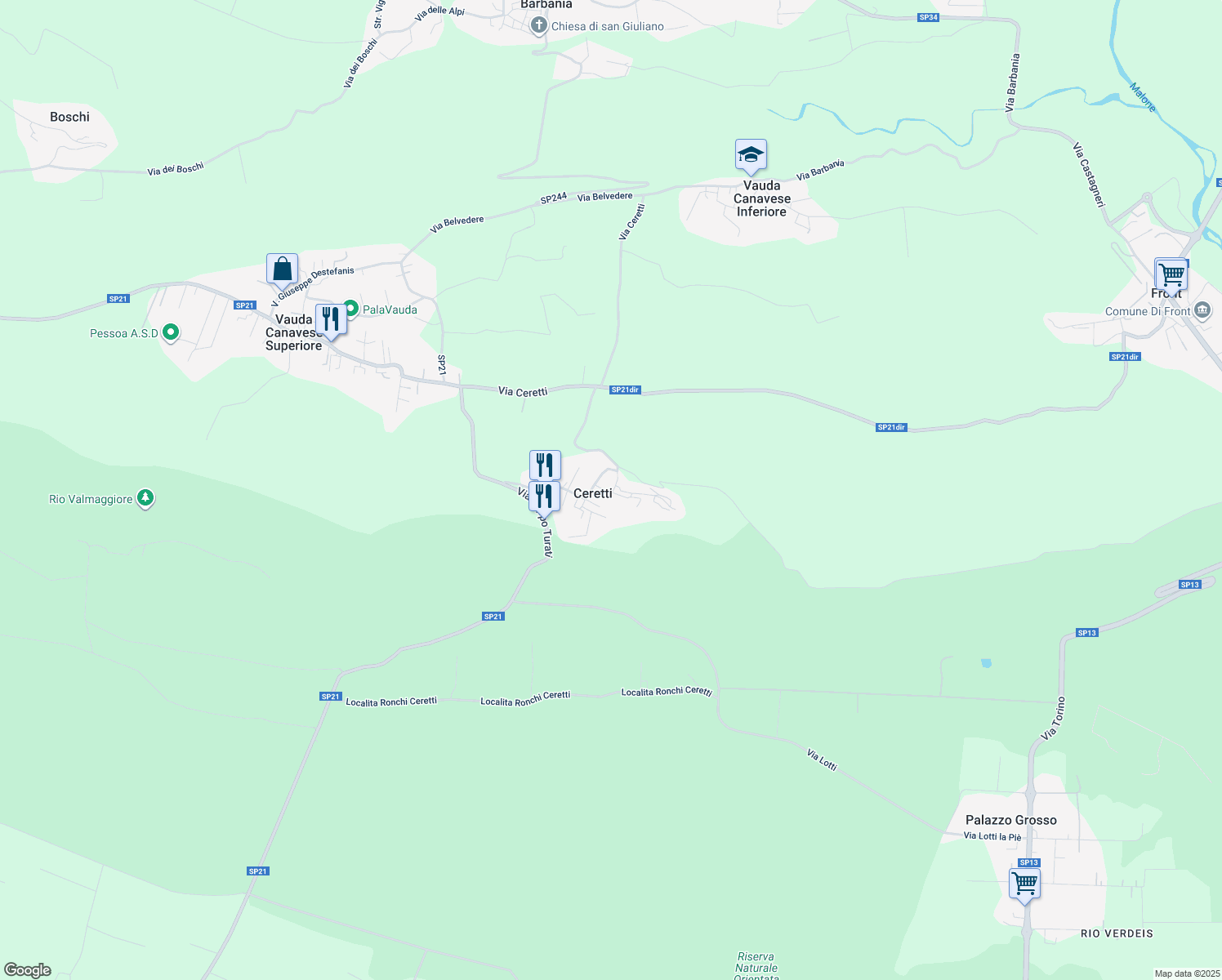 map of restaurants, bars, coffee shops, grocery stores, and more near 25 Via Chiesa S.Domenico in Ceretti
