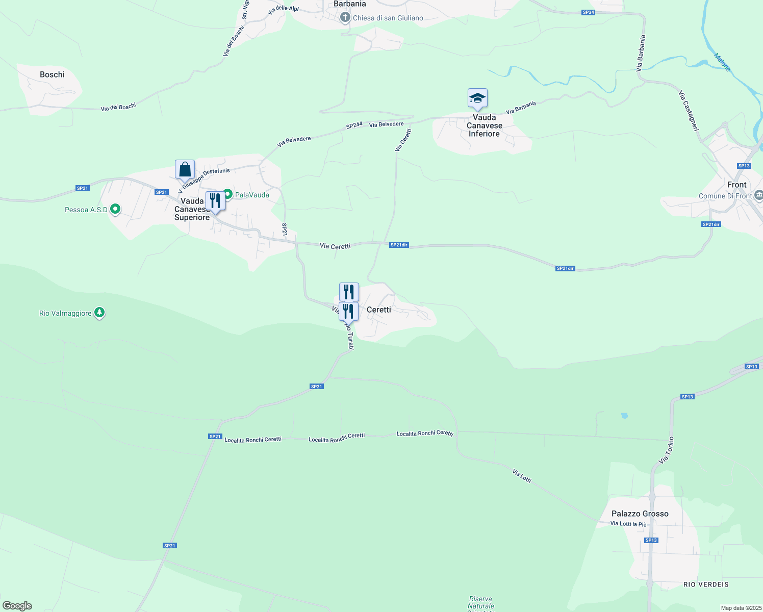 map of restaurants, bars, coffee shops, grocery stores, and more near Piazza Chiesa San Domenico in Ceretti