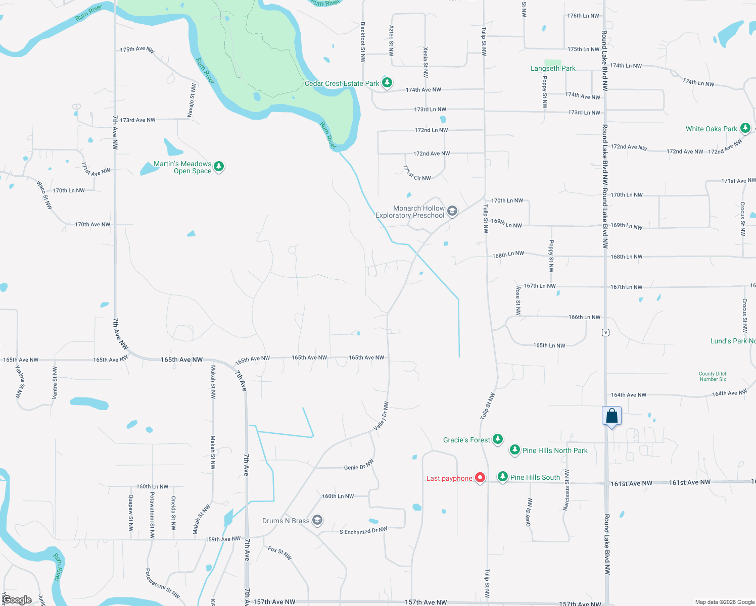 map of restaurants, bars, coffee shops, grocery stores, and more near 16676 Valley Drive Northwest in Andover