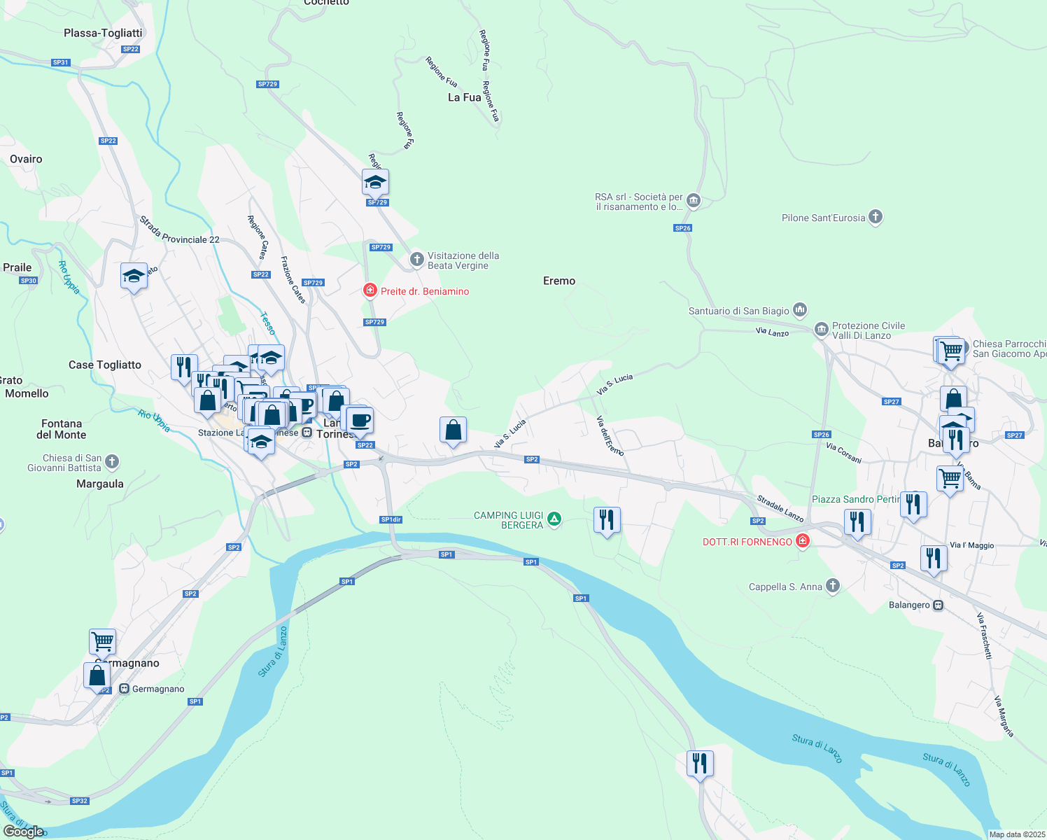 map of restaurants, bars, coffee shops, grocery stores, and more near 17 Via S. Lucia in Lanzo Torinese