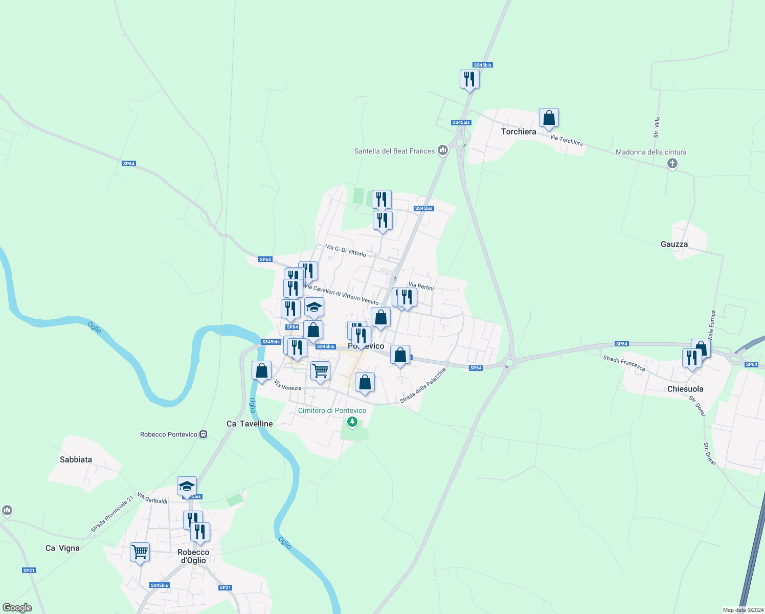 map of restaurants, bars, coffee shops, grocery stores, and more near 8 Via Brescia in Pontevico