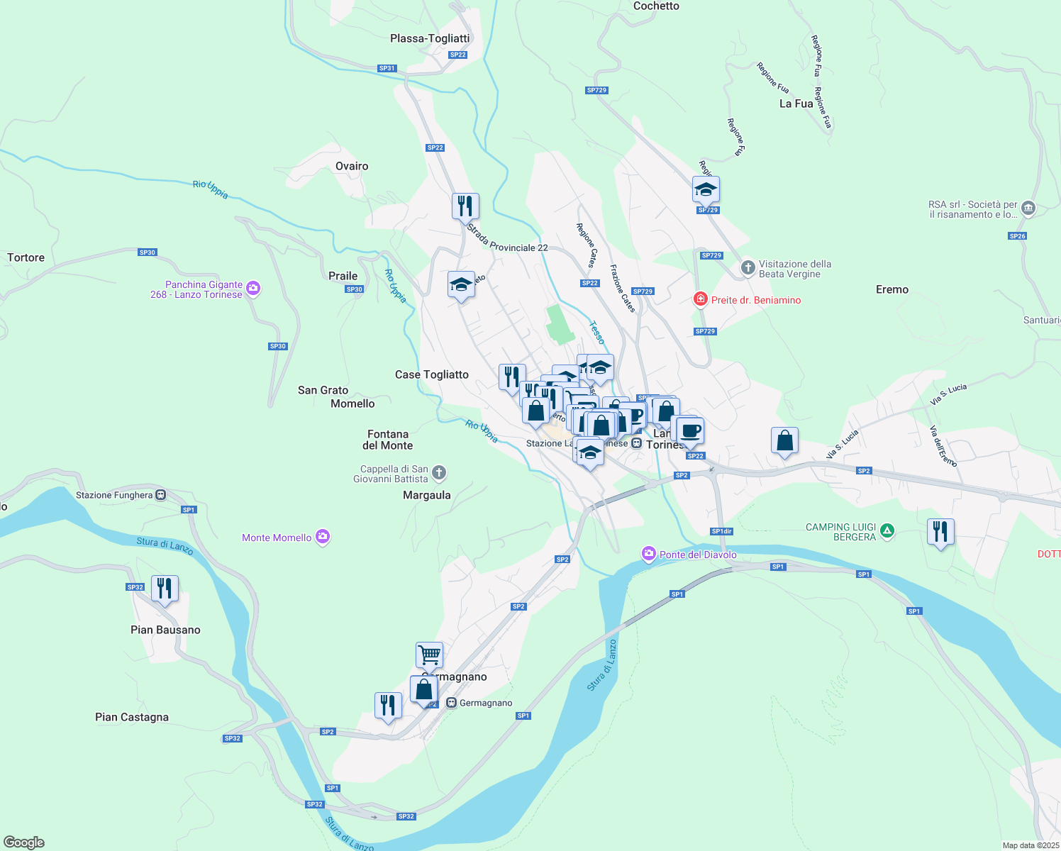 map of restaurants, bars, coffee shops, grocery stores, and more near 31 Via Armando Diaz in Lanzo Torinese