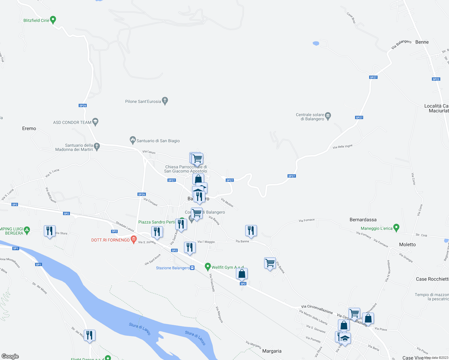 map of restaurants, bars, coffee shops, grocery stores, and more near Strada Provinciale 27 in Balangero