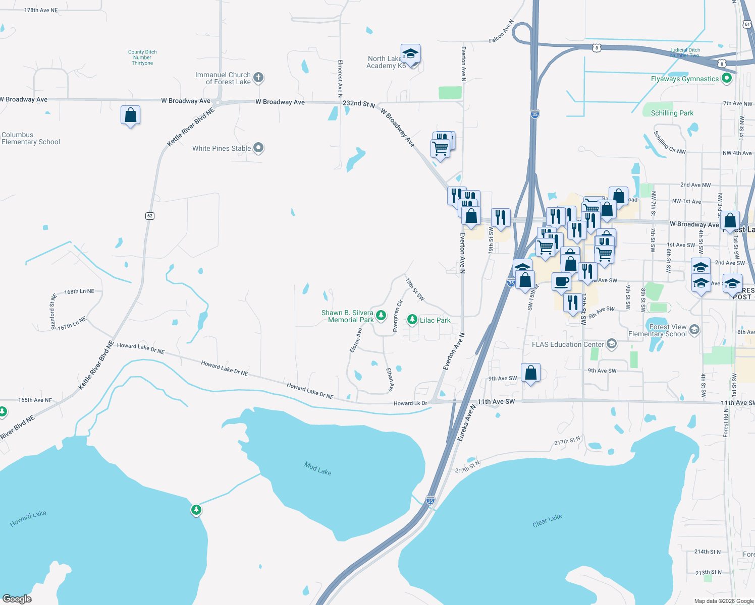 map of restaurants, bars, coffee shops, grocery stores, and more near 22414 Elston Avenue in Forest Lake