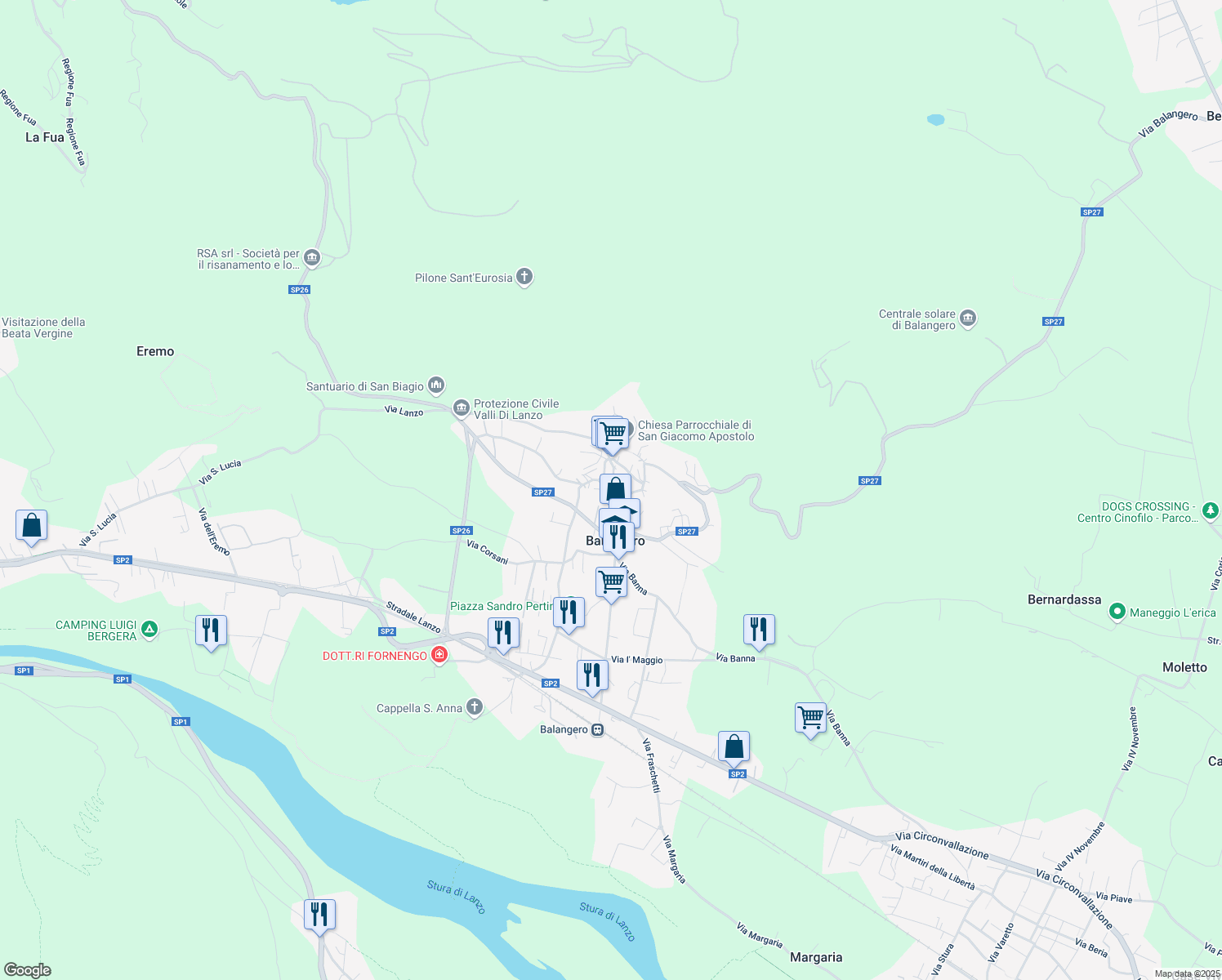 map of restaurants, bars, coffee shops, grocery stores, and more near Strada Provinciale 27 in Balangero