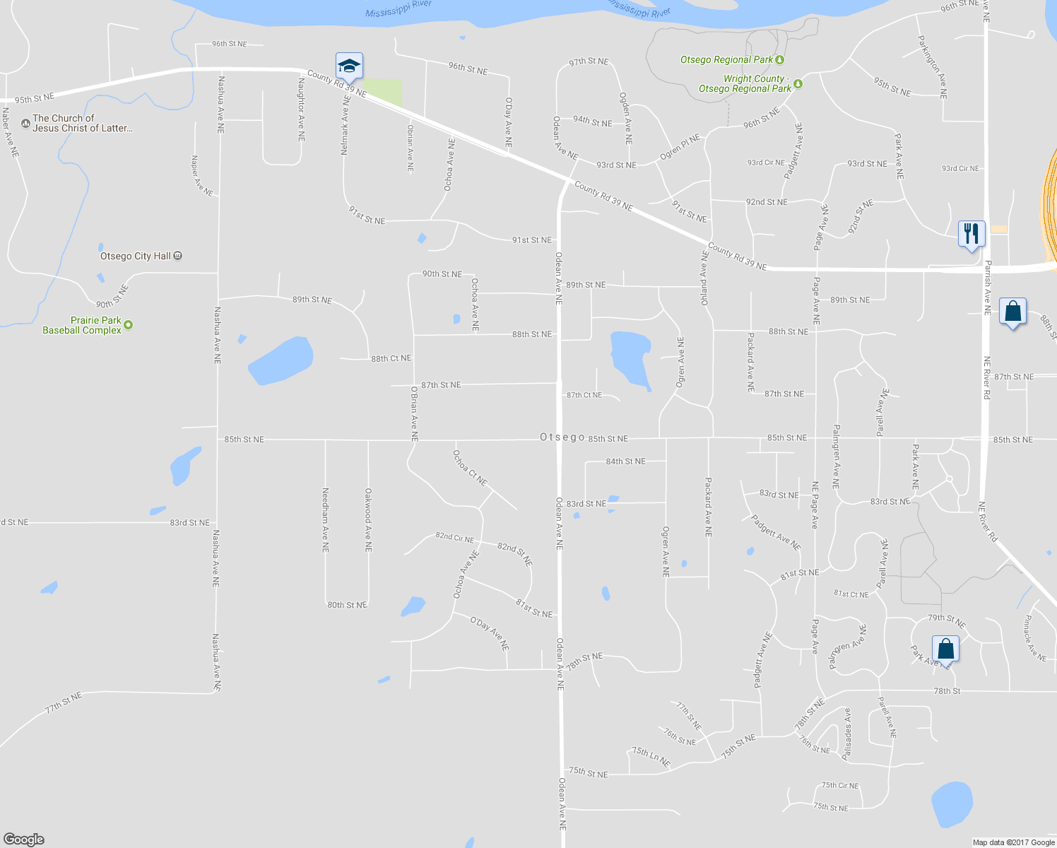 map of restaurants, bars, coffee shops, grocery stores, and more near 14398 85th Street Northeast in Otsego