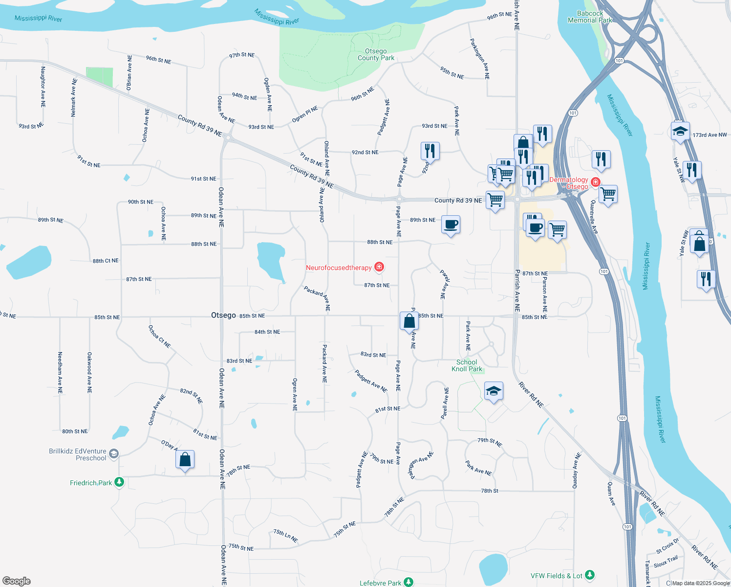 map of restaurants, bars, coffee shops, grocery stores, and more near 15117 87th Street Northeast in Otsego