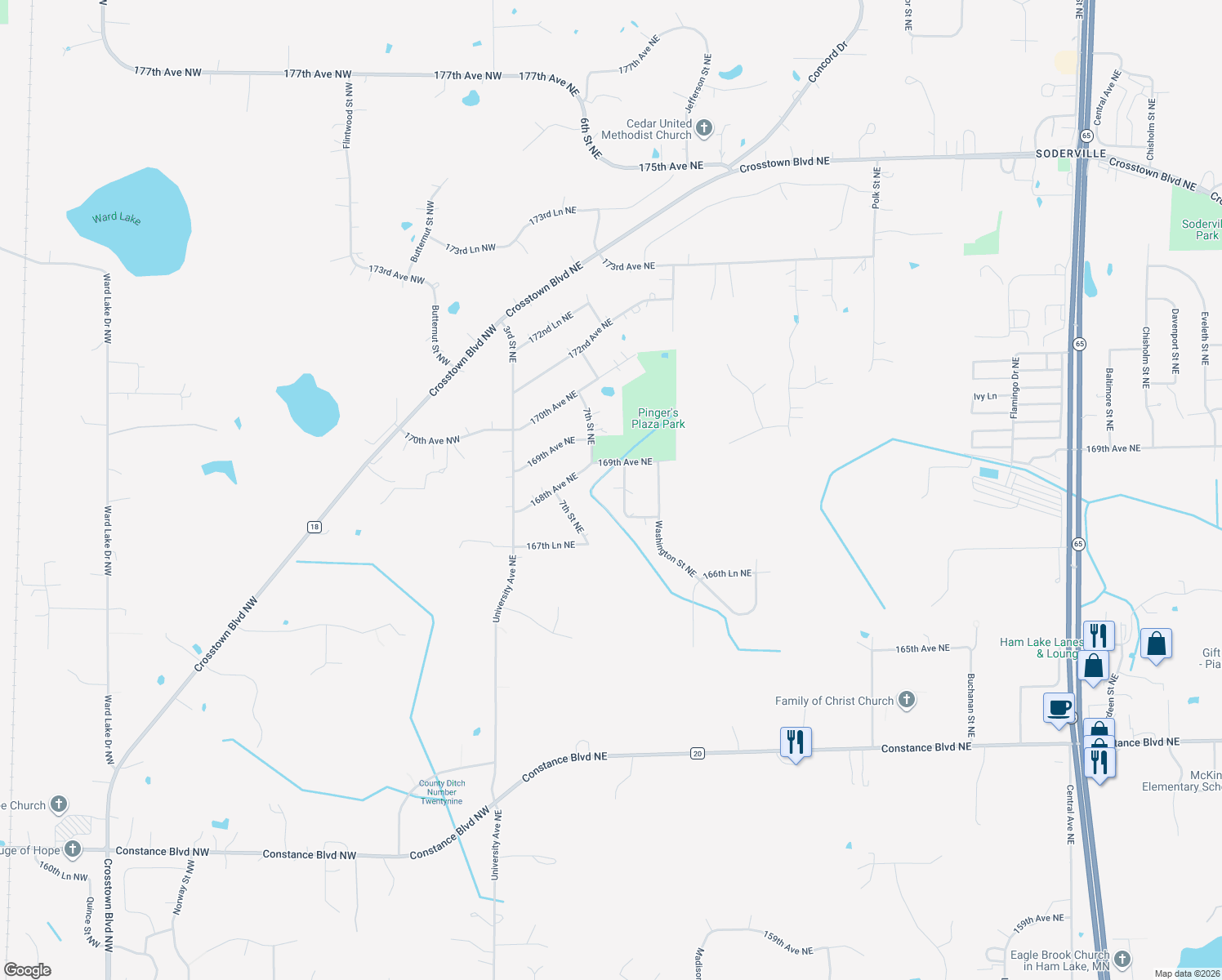 map of restaurants, bars, coffee shops, grocery stores, and more near 16830 Terrace Road Northeast in Ham Lake