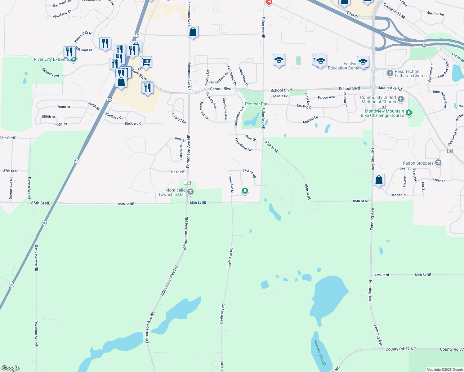 map of restaurants, bars, coffee shops, grocery stores, and more near 8647 Eisele Avenue Northeast in Monticello