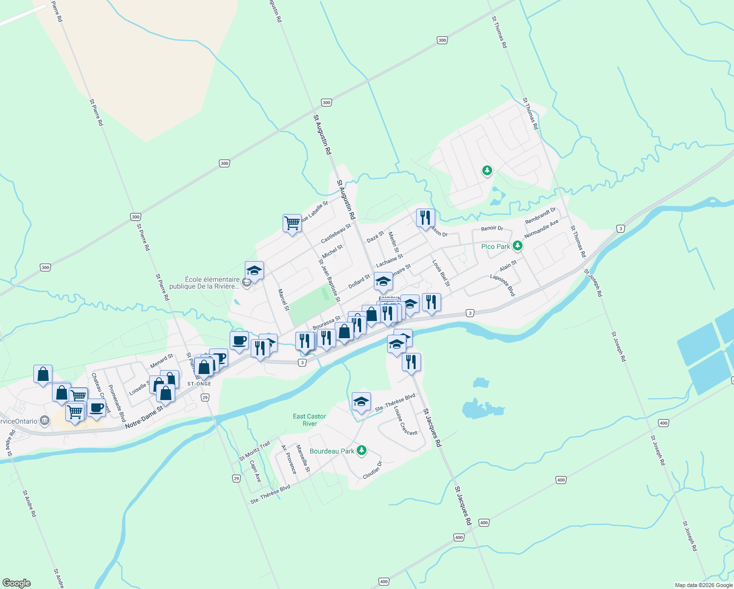 map of restaurants, bars, coffee shops, grocery stores, and more near 127 Centenaire Street in Embrun