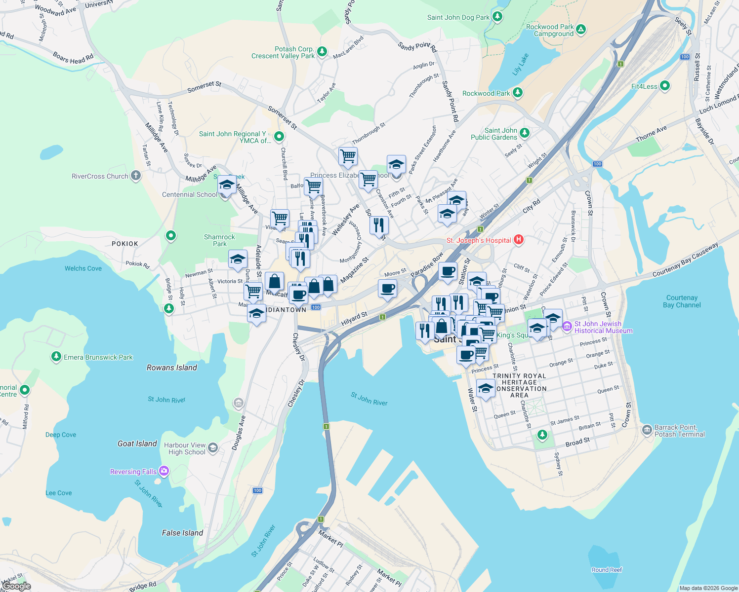 map of restaurants, bars, coffee shops, grocery stores, and more near 580 Main Street in Saint John