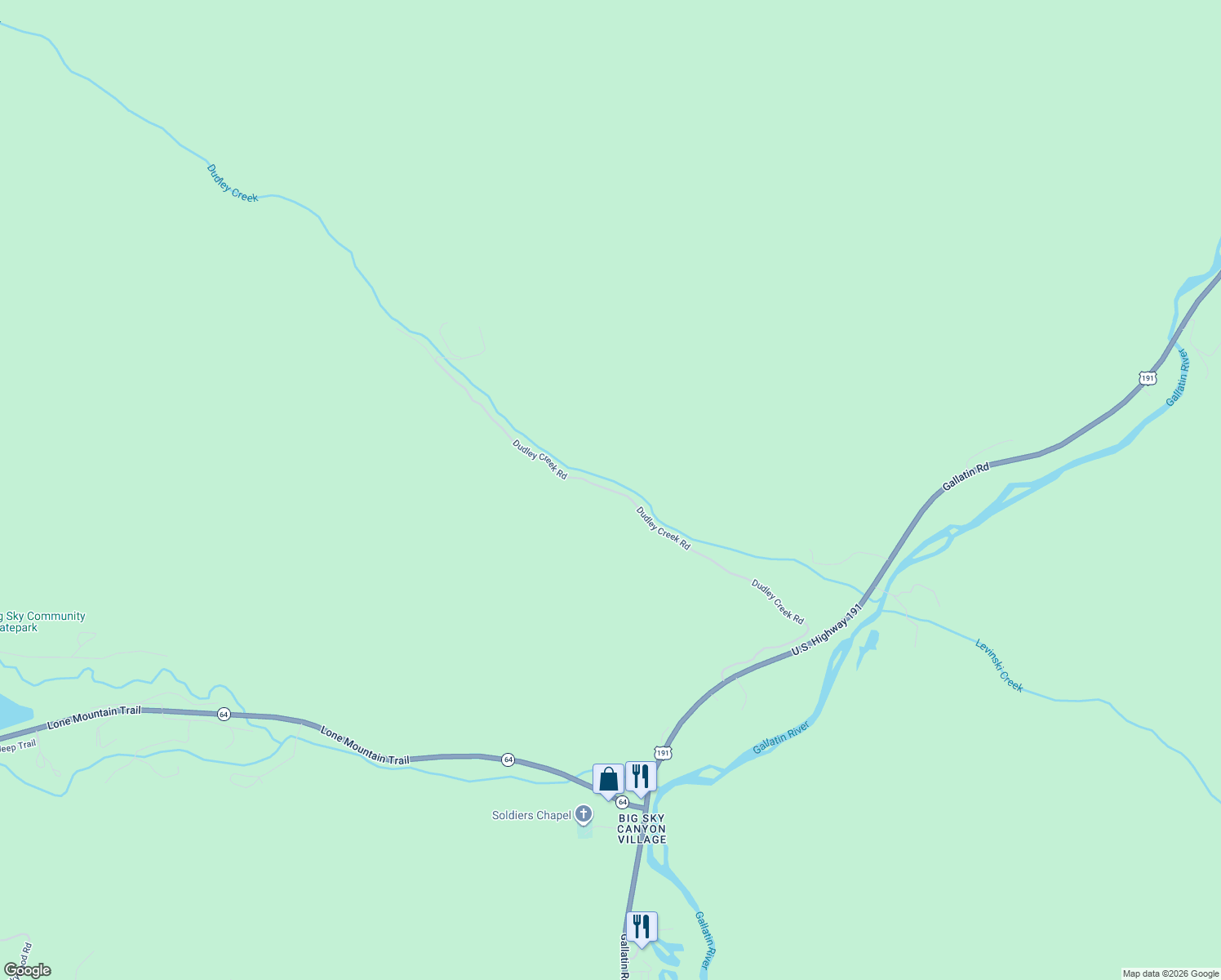 map of restaurants, bars, coffee shops, grocery stores, and more near Dudley Creek Rd in Big Sky
