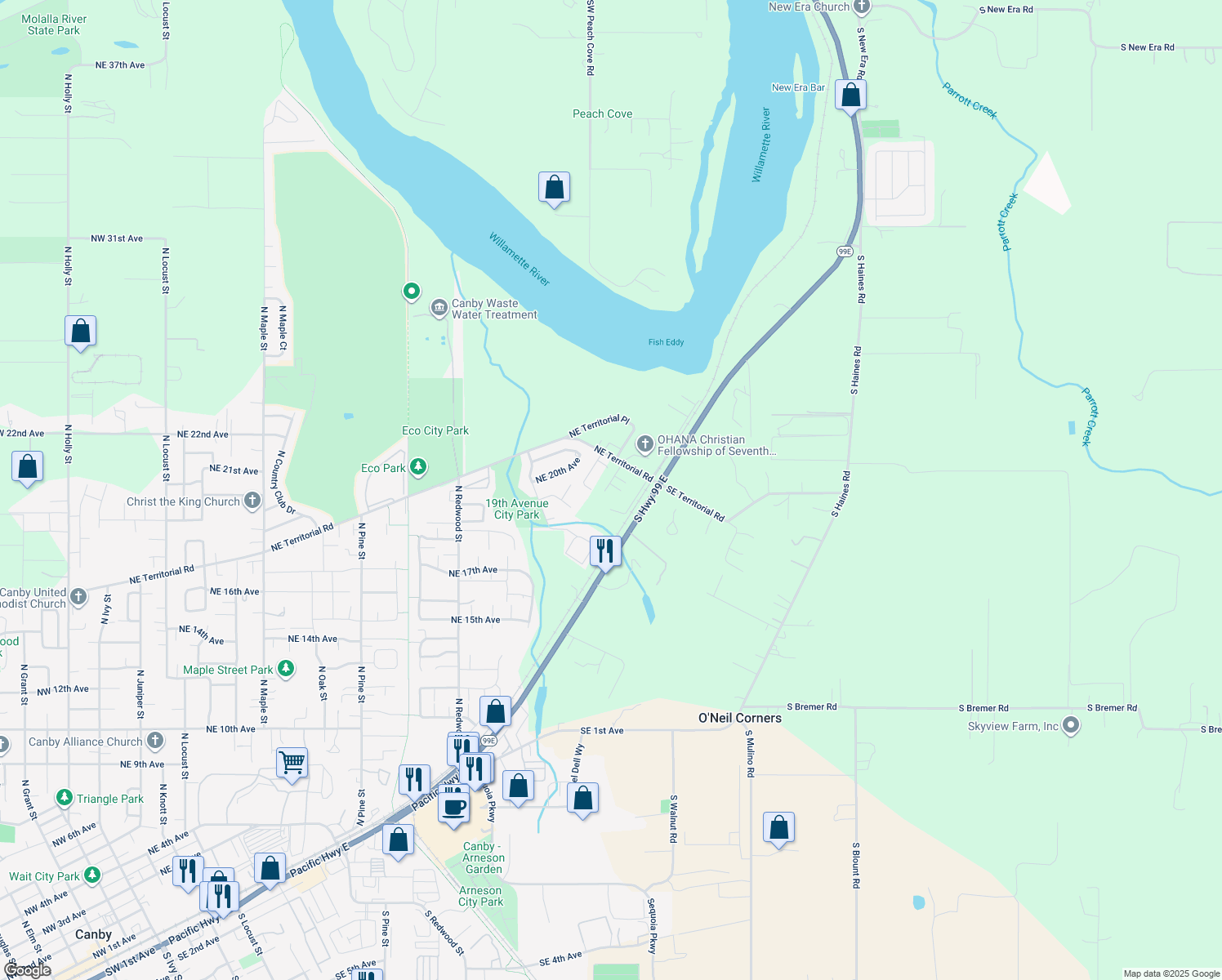 map of restaurants, bars, coffee shops, grocery stores, and more near 2127 Northeast 20th Avenue in Canby