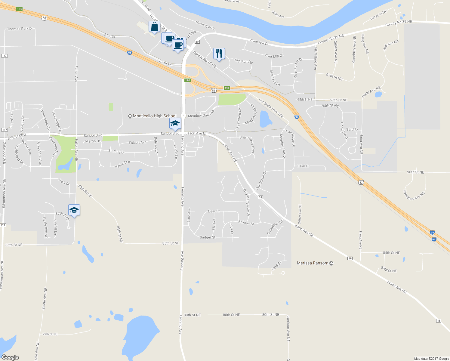 map of restaurants, bars, coffee shops, grocery stores, and more near 6100 Wildwood Way in Monticello