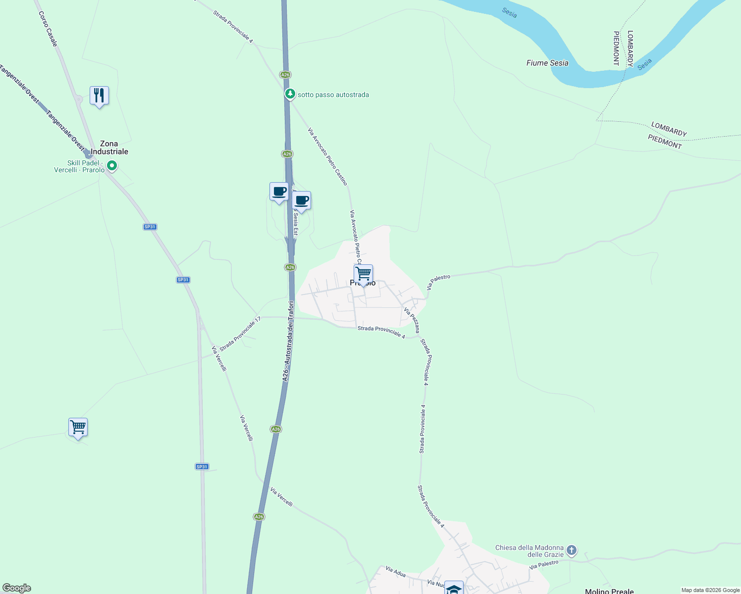 map of restaurants, bars, coffee shops, grocery stores, and more near 1 Via Libertà in Prarolo