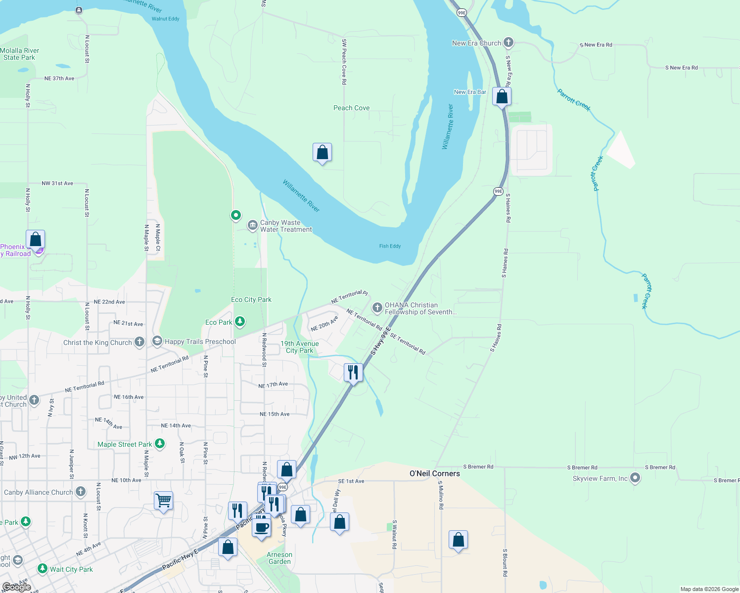 map of restaurants, bars, coffee shops, grocery stores, and more near 2138 NE Territorial Pl in Canby
