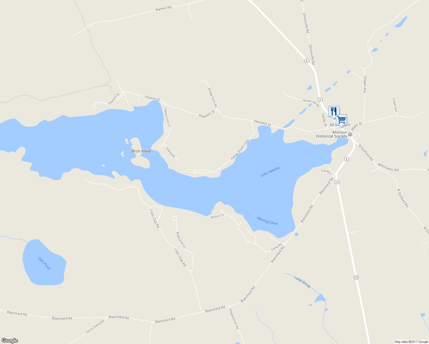 map of restaurants, bars, coffee shops, grocery stores, and more near 112 Indian Point Loop in Monson